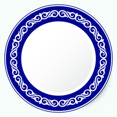 Circle frame, workpiece for your design. Ornamental elements and motifs of Kazakh, Kyrgyz, Uzbek, national Asian decor for plate, textile and print design. Round frame. Vector. 