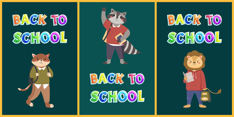 Back to school concept, colorful vector banner with bright lettering and animals students characters welcoming pupils on dark green school board. Kids bright illustration with education equipment
