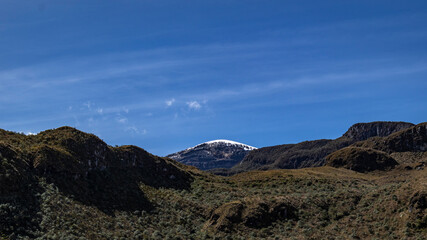Landscape in Los Nevados National Natural Park in Colombia. Nevado de Santa Isabel and Nevado del Ruiz volcano