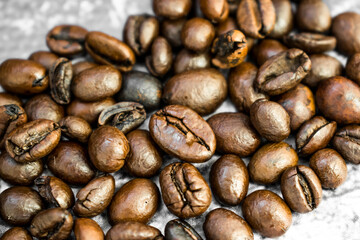 Roasted coffee beans macro. Coffee concept. Top view