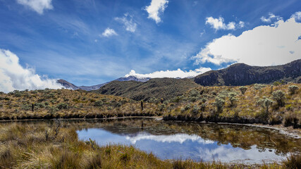 Landscape in Los Nevados National Natural Park in Colombia. Nevado de Santa Isabel and Nevado del Ruiz volcano