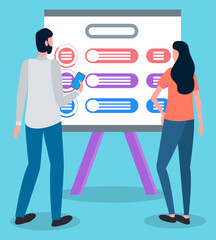 Presentation at board, people woman and man holding mobile phone looking at infocharts, colleagues analysing, information at white board, presenting plan, workers and graphical analysis, statistics