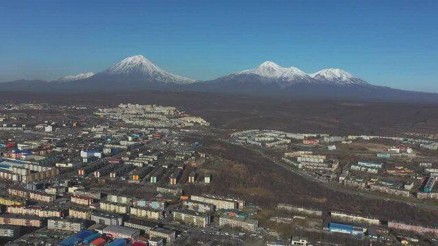 Petropavlovsk, Kamchatka, Russia. The famous Koryaksky v. Volcanoes and the Avachinsky volcanoes.