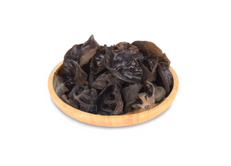 fresh black Jew's ear mushrooms in wooden plate on white background