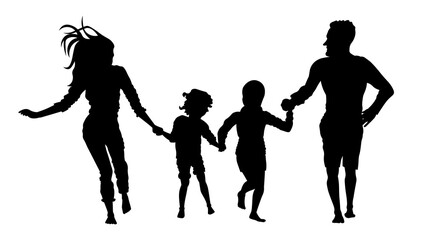 Family running silhouette vector illustration. Father, mother, daughter and son having fun.