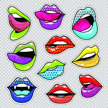 Fashion patch badges with lips and white stroke. Set of stickers and patches in cartoon 80s-90s comic style in vector. Ready for print