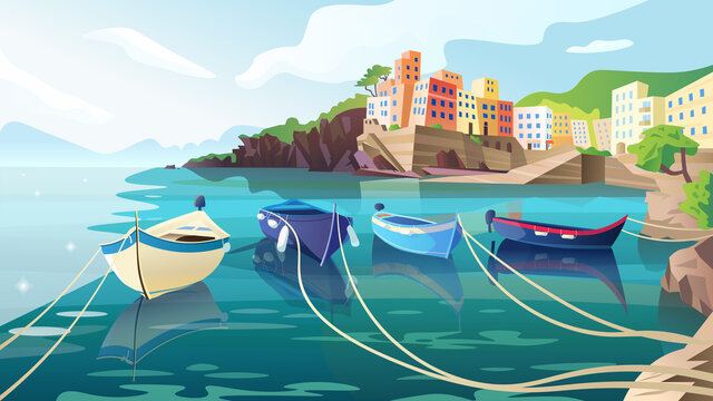 Beautiful summer landscape. Seaview background. Harbour with boats, rocks, hills, mountains and old town. A view from the water of Riomaggiore, Cinque Terre. Italy. Cartoon vector illustration,
