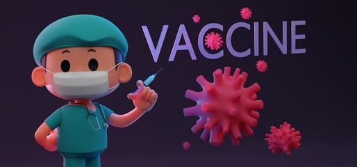 3D render concept illustration of doctor character wearing medical mask and holding syringe needle facing Coronavirus, Covid-19