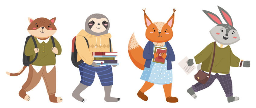 Collection of funny animals students. Cartoon pupils schoolkids in uniform go to school for lesson. Characters of forest inhabitants get an education, studying with books, holding school bags isolated