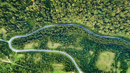 The road in the forest was shot from a bird's eye view. Photo taken with a drone.