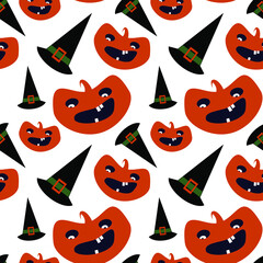 Vector halloween seamless pattern with black hat, pumpkin on white background for fabrics, paper, textile, gift wrap 