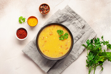 Lentil peas soup (Masoor Dal or Dal Tadka Curry). Indian national dish. Top view. - obrazy, fototapety, plakaty