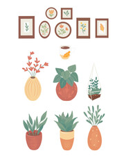 Set of plants bouquets plant pots framed pictures with plants, isolated on white background 