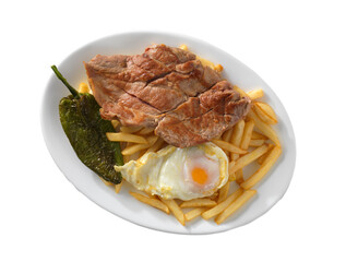 plato combinado Churrasco de cerdo, huevo frito, pimientos fritos y patatas fritas.