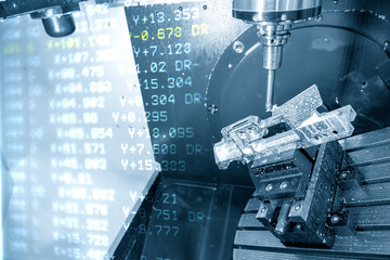 The abstract scene of 5 axis CNC machining center cutting the aerospace parts with solid ball end-mill tools. The hi-technology aerospace part manufacturing process by 5 axis CNC milling machine.