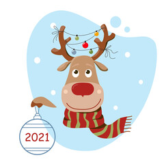 Funny Christmas deer in the scarf holds a ball with 2021 numbers. Cute cartoon animal on a white background. A horns decorated by garland.