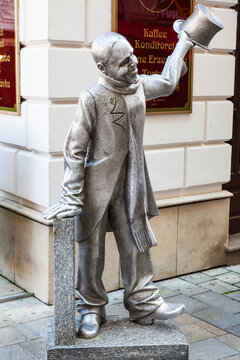 BRATISLAVA, SLOVAKIA - SEPTEMBER 23, 2015: Cast iron sculpture of Ignac Lamar, nicknamed Schoner Naci. Author of this sculpture is Juraj Melus and it was installed in June 1997