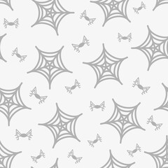 Halloween seamless pattern with web and spiders silhouettes on white background. Vector Illustration