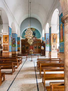 MADABA, JORDAN - FEBRUARY,20, 2012: indoor of Greek Orthodox Basilica of St George. Madaba city is known by its Byzantine and Umayyad mosaics, especially the mosaic map of Holy Land in this Church