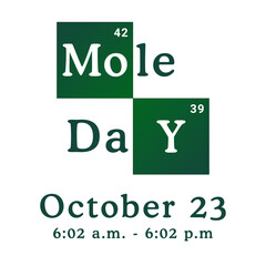 Mole Day vector illustration. Holiday celebrated among chemists and chemistry enthusiasts on October 23. National Chemistry Week. Avogadro number, education and science concept. Creative poster, flyer