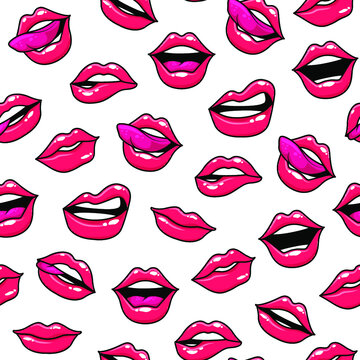 Seamless pattern with fashion patch badges with lips, shoes, lipstick, donuts, etc. Vector illustration in cartoon 80s-90s comic style.