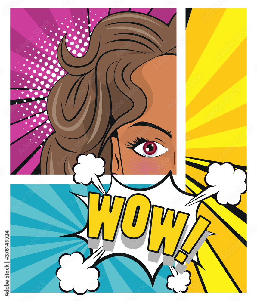 Sticker beautiful brunette woman and wow expression pop art style poster