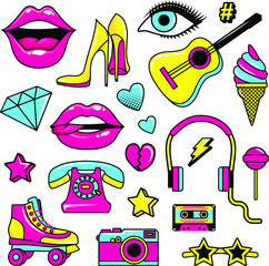 Fashion patch badges with lips, hearts, shoes, lipstick, cosmetics, stars and other elements. Set of stickers and patches in cartoon 80s-90s comic style. Vector illustration