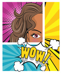 beautiful brunette woman and wow expression pop art style poster