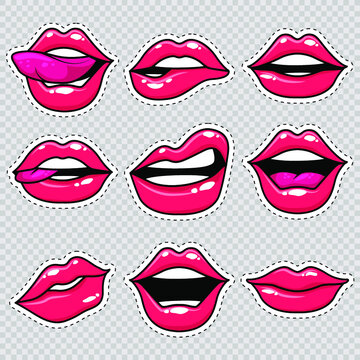Fashion patch badges with lips and white stroke. Set of stickers and patches in cartoon 80s-90s comic style in vector. Ready for print