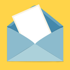 Empty white postcard in a blue envelope on a yellow background. Tepmlate, vector illustration.