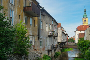 Fototapeta na wymiar The colorful street view and the water canal of medieval town of Samobor, Croatia