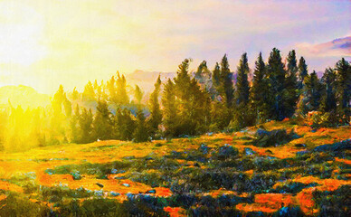 Bright morning sunny landscape with a view of the coniferous forest. Digital painting structure