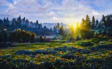 Sunset on a large meadow overlooking the mountains. Digital painting structure