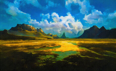 Vivid landscape of the valley with mountains in bright colors. Digital painting structure