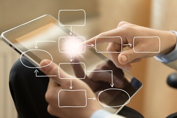 Workflow process advantage algorithm analyzing arrows automation on a digital tablet