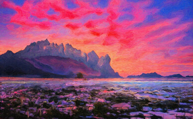 A beautiful red sunset overlooking a large mountain and a shallow river. Digital painting structure