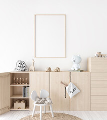 Mockup frame in minimal unisex child bedroom with natural wooden furniture, 3d render