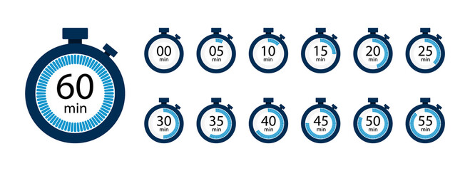 Stopwatch, timer icons set. Speed ​​measurements, countdown from 0 to 60 seconds. Vector illustration - obrazy, fototapety, plakaty