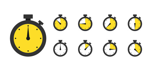 Stopwatch, timer icons set. Speed ​​measurements, countdown from 0 to 60 seconds. Vector illustration