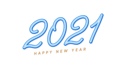 Happy New 2021 Year. Blue inclined lettering, outline number 2021, rounded digits with skew