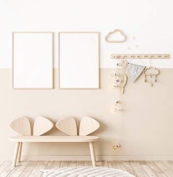 Mock up frame in children room with natural wooden furniture, two vertical frames on white and beige wall, 3D render