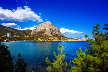 Fototapeta na wymiar Sea landscape in Crimea. Clear blue water in nice bay, big rock, green trees. Black sea