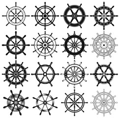 Ship steering wheel silhouette collection nautical icons vector set in black and white