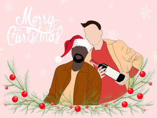 Two attractive guys, Christmas and happiness. Cute bright flat vector illustration of two lgbt gay men boyfriends celebrating merry Christmas.  