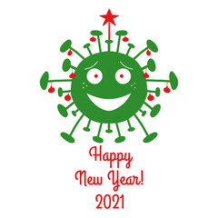 Happy New Year 2021. Green cartoon coronavirus bacteria with red christmas tree balls and star on the top. Isolated on a white background. Vector stock illustration.