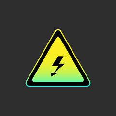 Electricity warning sign has a triangular form, a lightning symbol, and a yellow-blue gradient. The sign is isolated on a dark-gray background.