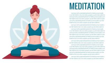 Woman sitting in lotus position practicing meditation. Yoga girl vector illustration.