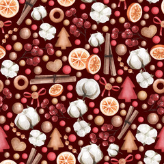 A seamless pattern on the New Year theme. Illustration of Christmas items: cinnamon, orange, cotton, cookies, Christmas tree, Christmas balls, bow.