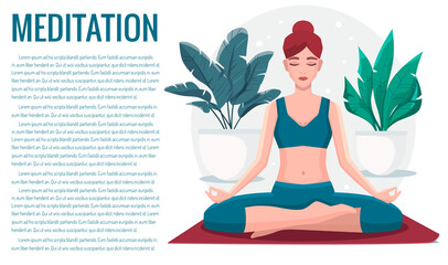 Woman sitting in lotus position practicing meditation. Yoga girl vector illustration.