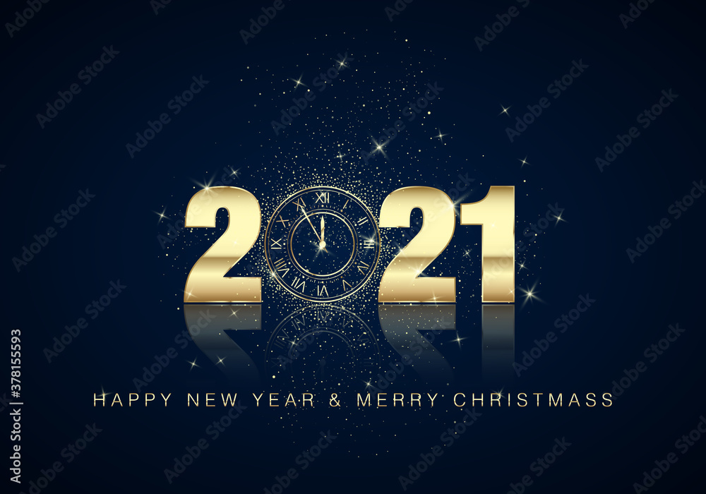 Wall mural golden clock dial with numbers 2021 on magic christmas background. new year countdown and chimes. fi
